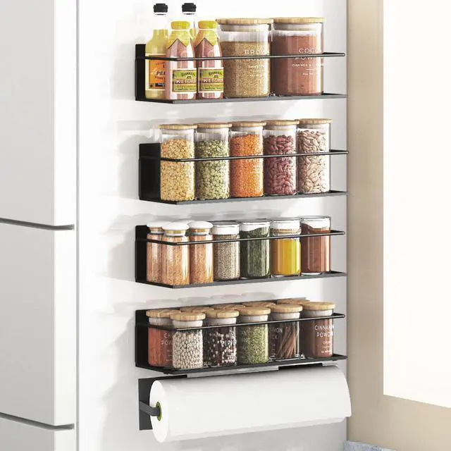 Main image of Magnetic Spice Rack For Refrigerator, Magnetic Fridge Shelf For Kitchen, Magnetic Shelf For Fridge Space Saving Black 4 Pack With Magnetic Paper Towel Holder