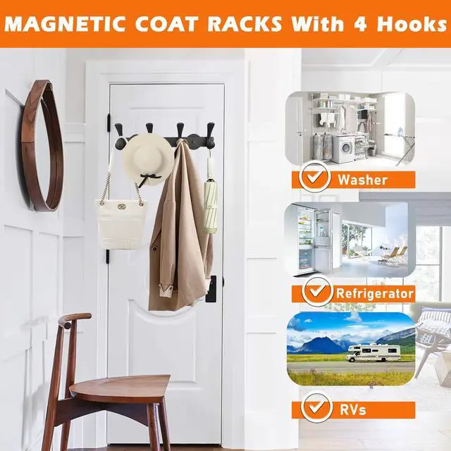 Alt view image 3 of 7 - Strong Magnetic Double Hooks Rack,Heavy Duty Coat Magnetic Rack,Strong Rubber Magnetic Hanger with 4 Hooks for Refrigerator,Metal Cabinet,Hanging Coat, Towel, Bag, Backpack