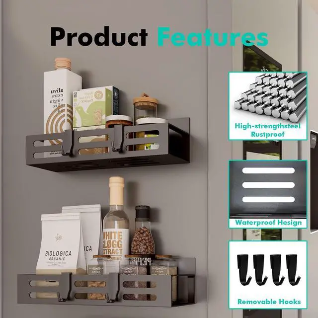 Alt view image 4 of 7 - 2 Pack Magnetic Spice Rack for Refrigerator, Black Magnetic Shelf and Fridge Kitchen Cabinet Organizers Storage Seasoning Organization Mini Shelves, Organizadores de Cocina