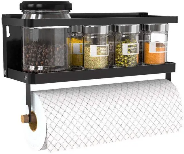Main image of Magnetic Paper Towel Holder, 2-in-1 Magnetic Spice Rack with Hooks,Wall Mount Shelf Towel Rack for Refrigerator (Black, With hook)