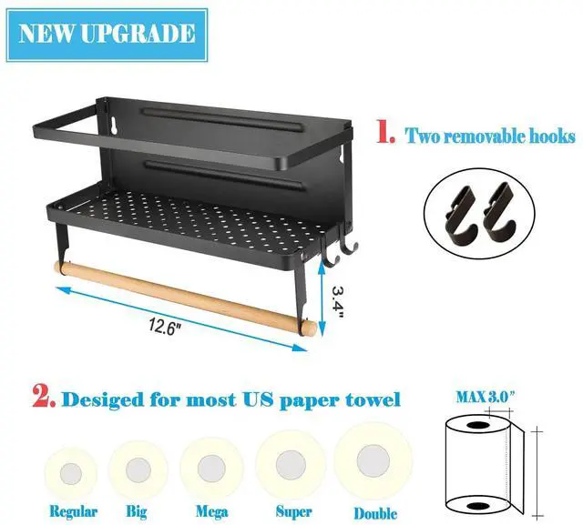 Alt view image 3 of 7 - Magnetic Paper Towel Holder, 2-in-1 Magnetic Spice Rack with Hooks,Wall Mount Shelf Towel Rack for Refrigerator (Black, With hook)