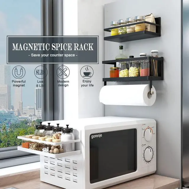 Alt view image 6 of 7 - Magnetic Paper Towel Holder, 2-in-1 Magnetic Spice Rack with Hooks,Wall Mount Shelf Towel Rack for Refrigerator (Black, With hook)