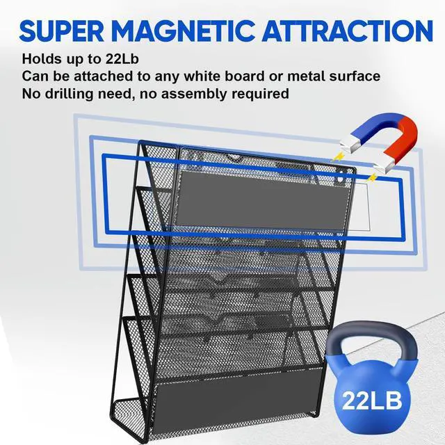 Alt view image 4 of 6 - 6-Tier Magnetic File Holder, No Drilling Installation File Cabinet Organizer,Black Magnetic File Holders, Magnetic Paper Holder for Refrigerator,File Cabinets, Whiteboard