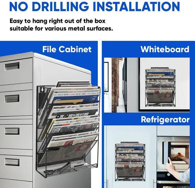 Alt view image 2 of 6 - 6-Tier Magnetic File Holder, No Drilling Installation File Cabinet Organizer,Black Magnetic File Holders, Magnetic Paper Holder for Refrigerator,File Cabinets, Whiteboard