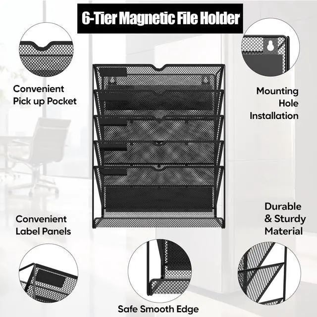 Alt view image 3 of 6 - 6-Tier Magnetic File Holder, No Drilling Installation File Cabinet Organizer,Black Magnetic File Holders, Magnetic Paper Holder for Refrigerator,File Cabinets, Whiteboard
