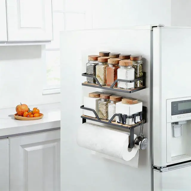 Alt view image 4 of 7 - Magnetic Paper Towel Holder with Shelf, 2 Pack Kitchen Roll Holder with 4 Hooks, Farmhouse Spice Rack Organizer Strong Magnets for Fridge, Grill, Black