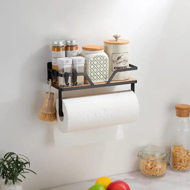 Alt view image 5 of 7 - Magnetic Paper Towel Holder with Shelf, 2 Pack Kitchen Roll Holder with 4 Hooks, Farmhouse Spice Rack Organizer Strong Magnets for Fridge, Grill, Black