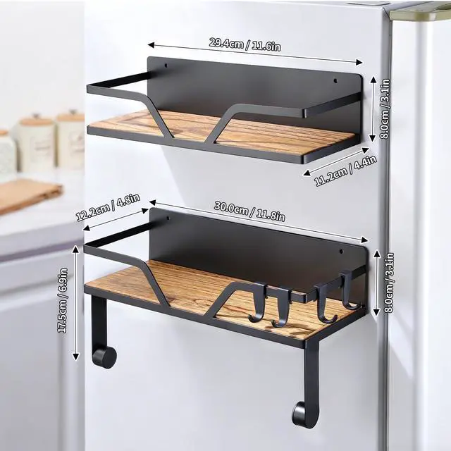 Alt view image 7 of 7 - Magnetic Paper Towel Holder with Shelf, 2 Pack Kitchen Roll Holder with 4 Hooks, Farmhouse Spice Rack Organizer Strong Magnets for Fridge, Grill, Black