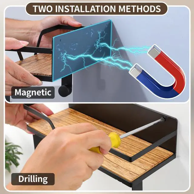Alt view image 6 of 7 - Magnetic Paper Towel Holder with Shelf, 2 Pack Kitchen Roll Holder with 4 Hooks, Farmhouse Spice Rack Organizer Strong Magnets for Fridge, Grill, Black