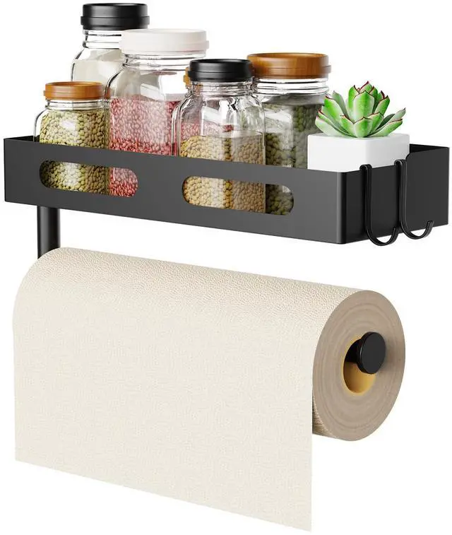 Main image of Paper Towel Holder Wall Mount for Kitchen, Paper Towel Holder with Shelf for Bathroom, RV Paper Towel Rack, Spice Rack with 2 Hooks,Matte Black