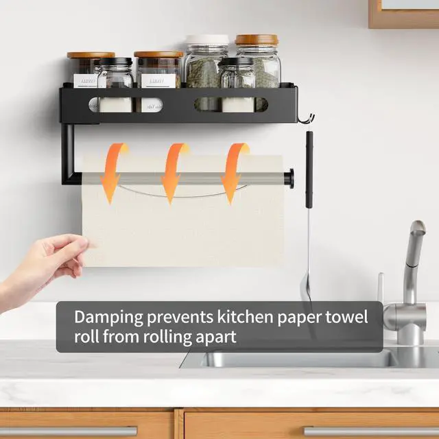Alt view image 2 of 7 - Paper Towel Holder Wall Mount for Kitchen, Paper Towel Holder with Shelf for Bathroom, RV Paper Towel Rack, Spice Rack with 2 Hooks,Matte Black