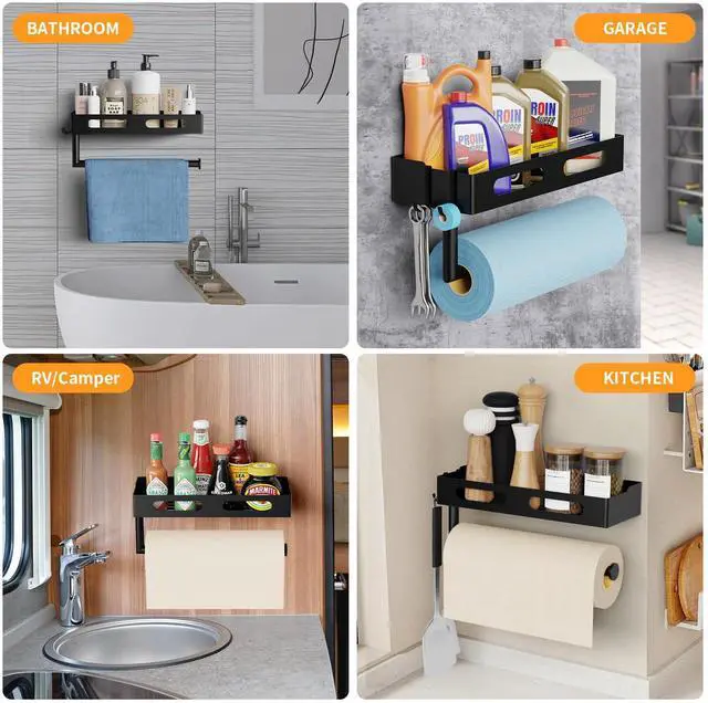 Alt view image 3 of 7 - Paper Towel Holder Wall Mount for Kitchen, Paper Towel Holder with Shelf for Bathroom, RV Paper Towel Rack, Spice Rack with 2 Hooks,Matte Black