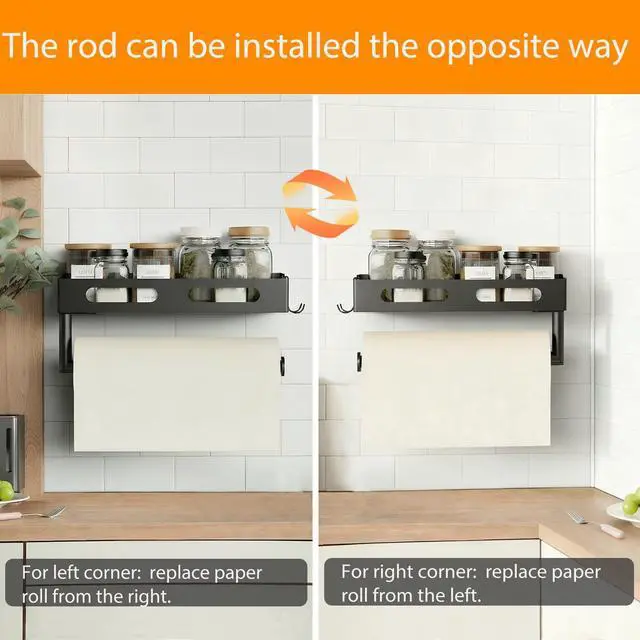 Alt view image 4 of 7 - Paper Towel Holder Wall Mount for Kitchen, Paper Towel Holder with Shelf for Bathroom, RV Paper Towel Rack, Spice Rack with 2 Hooks,Matte Black