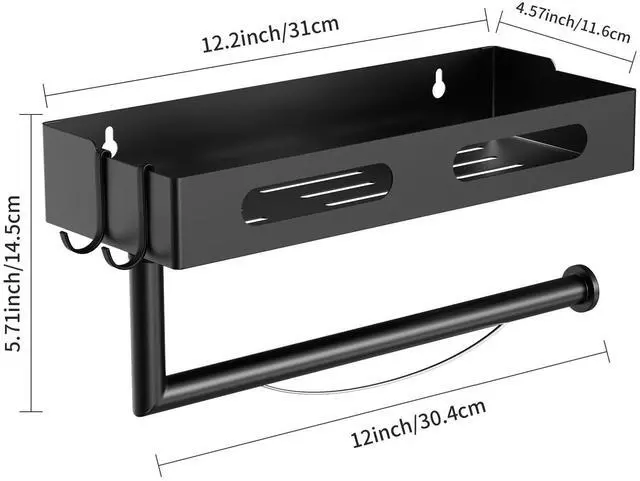 Alt view image 6 of 7 - Paper Towel Holder Wall Mount for Kitchen, Paper Towel Holder with Shelf for Bathroom, RV Paper Towel Rack, Spice Rack with 2 Hooks,Matte Black