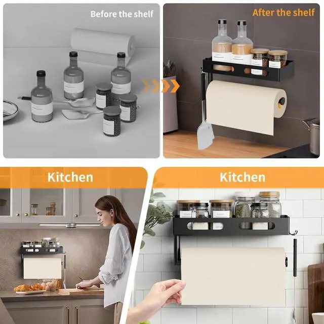 Alt view image 5 of 7 - Paper Towel Holder Wall Mount for Kitchen, Paper Towel Holder with Shelf for Bathroom, RV Paper Towel Rack, Spice Rack with 2 Hooks,Matte Black