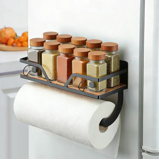 Main image of Magnetic Paper Towel Holder for Fridge, Black Kitchen Roll Holder with Shelf Wall Mount, Magnetic Spice Rack Organizer with Funny Memes for Kitchen, RV, Garage