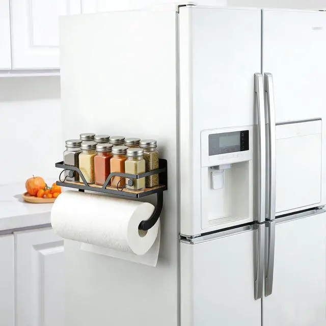 Alt view image 4 of 6 - Magnetic Paper Towel Holder for Fridge, Black Kitchen Roll Holder with Shelf Wall Mount, Magnetic Spice Rack Organizer with Funny Memes for Kitchen, RV, Garage