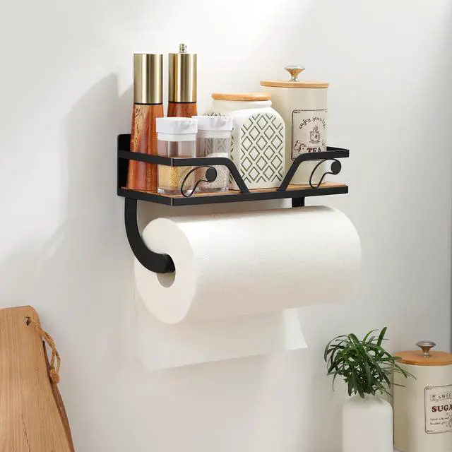 Alt view image 5 of 6 - Magnetic Paper Towel Holder for Fridge, Black Kitchen Roll Holder with Shelf Wall Mount, Magnetic Spice Rack Organizer with Funny Memes for Kitchen, RV, Garage