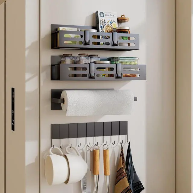 Main image of 4 Pack Magnetic Spice Rack for Refrigerator with 4-Hook Rack and Paper Towel Holder, Black Magnetic Shelf and Fridge Kitchen Cabinet Organizers Storage Seasoning Organization Mini Shelves.