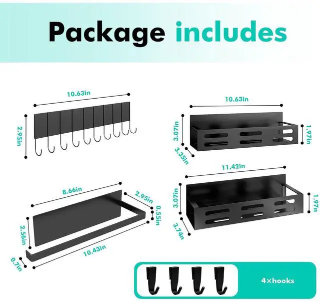 Alt view image 2 of 7 - 4 Pack Magnetic Spice Rack for Refrigerator with 4-Hook Rack and Paper Towel Holder, Black Magnetic Shelf and Fridge Kitchen Cabinet Organizers Storage Seasoning Organization Mini Shelves.