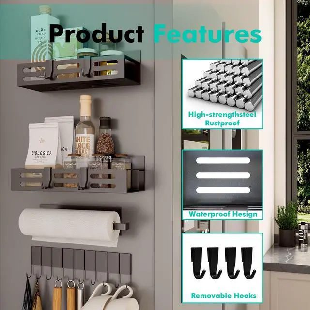 Alt view image 4 of 7 - 4 Pack Magnetic Spice Rack for Refrigerator with 4-Hook Rack and Paper Towel Holder, Black Magnetic Shelf and Fridge Kitchen Cabinet Organizers Storage Seasoning Organization Mini Shelves.