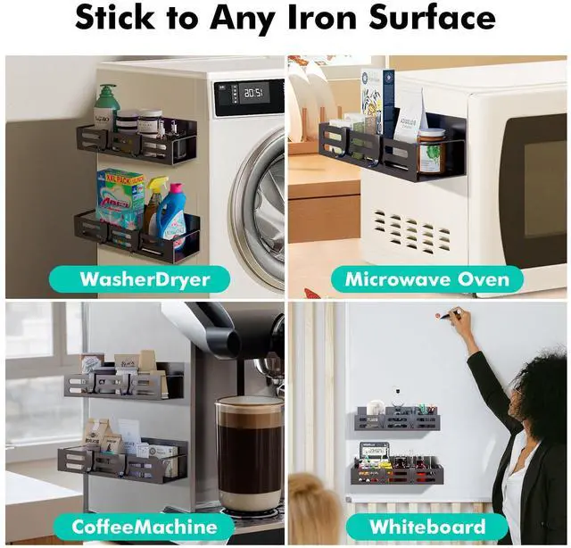 Alt view image 7 of 7 - 4 Pack Magnetic Spice Rack for Refrigerator with 4-Hook Rack and Paper Towel Holder, Black Magnetic Shelf and Fridge Kitchen Cabinet Organizers Storage Seasoning Organization Mini Shelves.
