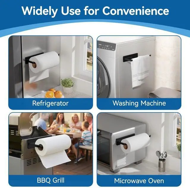 Alt view image 7 of 7 - Magnetic Paper Towel Holder Fits Jumbo Rolls, Black Heavy-Duty No Drill Towel Bar for Kitchen, Refrigerator, Washing Machine, RV, BBQ Grill Cart and Metal Storage Cabinet