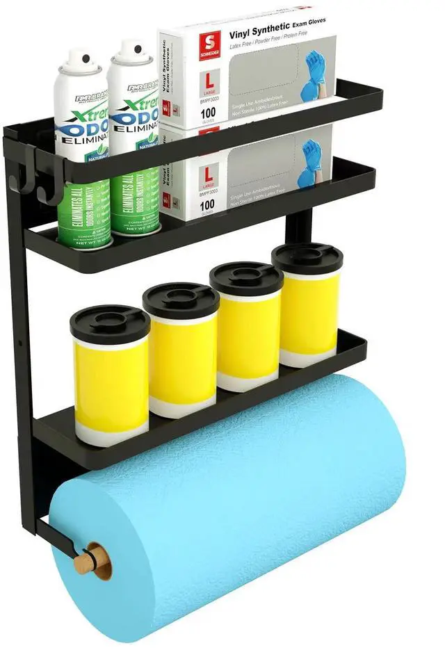 Main image of Magnetic Paper Towel Holder with Multi-Layer Storage Shelf, Stable Magnetic Organizer for Refrigerator, Garage Tool Cabinet and RV, Wall Mount Spice Rack and Paper Roll Hanger, Black