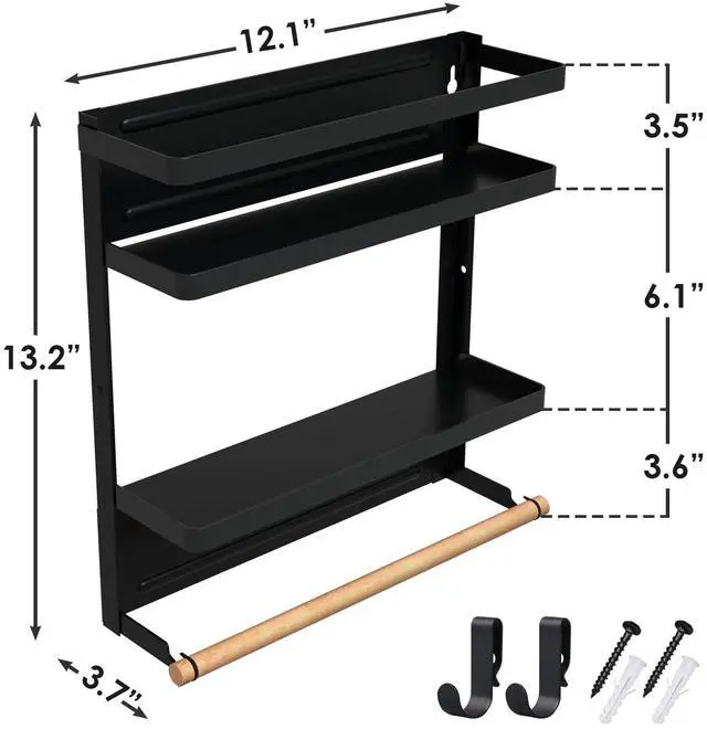 Alt view image 3 of 7 - Magnetic Paper Towel Holder with Multi-Layer Storage Shelf, Stable Magnetic Organizer for Refrigerator, Garage Tool Cabinet and RV, Wall Mount Spice Rack and Paper Roll Hanger, Black