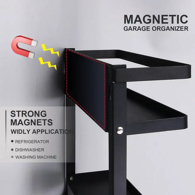 Alt view image 2 of 7 - Magnetic Paper Towel Holder with Multi-Layer Storage Shelf, Stable Magnetic Organizer for Refrigerator, Garage Tool Cabinet and RV, Wall Mount Spice Rack and Paper Roll Hanger, Black
