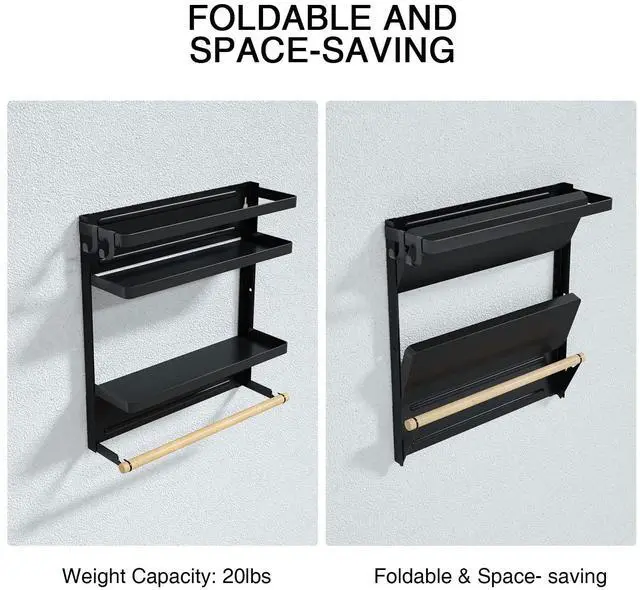 Alt view image 4 of 7 - Magnetic Paper Towel Holder with Multi-Layer Storage Shelf, Stable Magnetic Organizer for Refrigerator, Garage Tool Cabinet and RV, Wall Mount Spice Rack and Paper Roll Hanger, Black