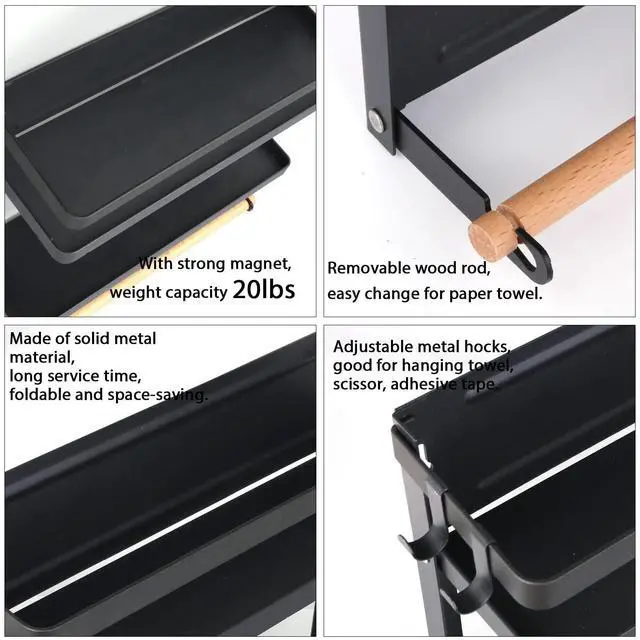 Alt view image 6 of 7 - Magnetic Paper Towel Holder with Multi-Layer Storage Shelf, Stable Magnetic Organizer for Refrigerator, Garage Tool Cabinet and RV, Wall Mount Spice Rack and Paper Roll Hanger, Black