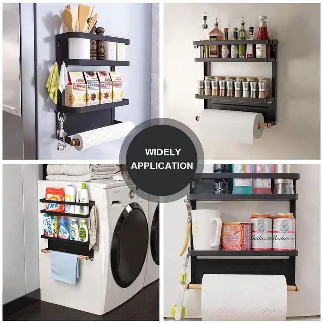 Alt view image 7 of 7 - Magnetic Paper Towel Holder with Multi-Layer Storage Shelf, Stable Magnetic Organizer for Refrigerator, Garage Tool Cabinet and RV, Wall Mount Spice Rack and Paper Roll Hanger, Black