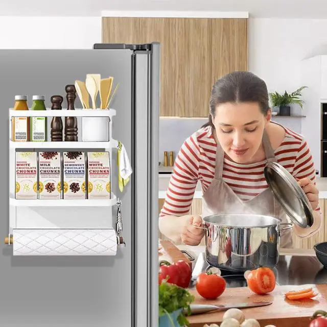 Alt view image 5 of 7 - Magnetic Spice Rack for Refrigerator White Magnetic Paper Towel Holder for fridge Magnetic Shelf Magnetic Shelves Fridge Magnet Organizer Spice Rack Kitchen Organization Kitchen Storage