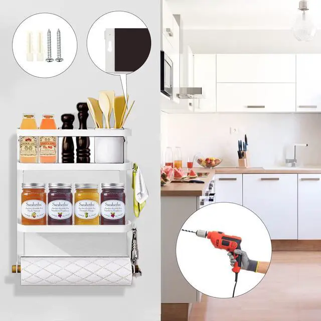 Alt view image 7 of 7 - Magnetic Spice Rack for Refrigerator White Magnetic Paper Towel Holder for fridge Magnetic Shelf Magnetic Shelves Fridge Magnet Organizer Spice Rack Kitchen Organization Kitchen Storage