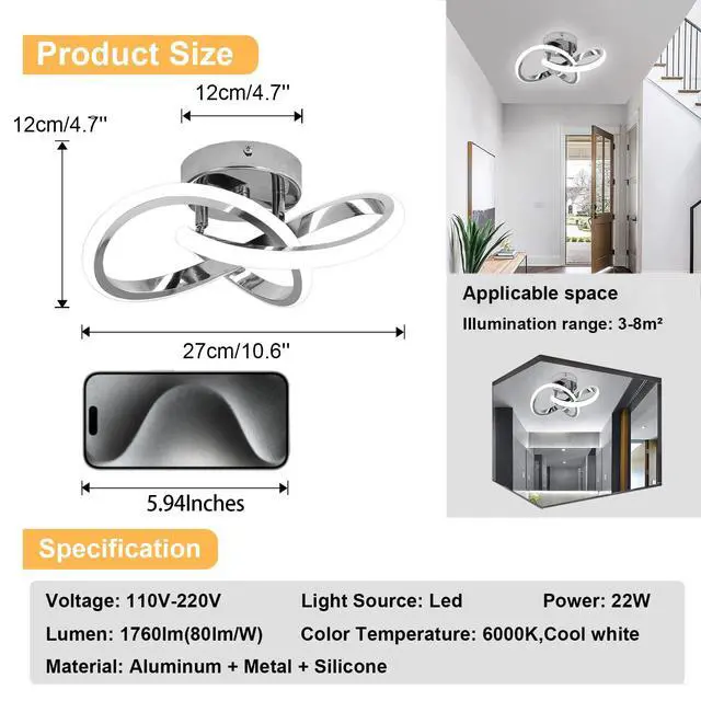 Alt view image 2 of 7 - Hallway Light Acrylic Modern LED Ceiling Light Fixtures Cool White 6000K Close to Ceiling Lights for Bedroom Bathroom Kitchen Balcony Corridor Stair Aisle Curved Creative Design Celing lamp