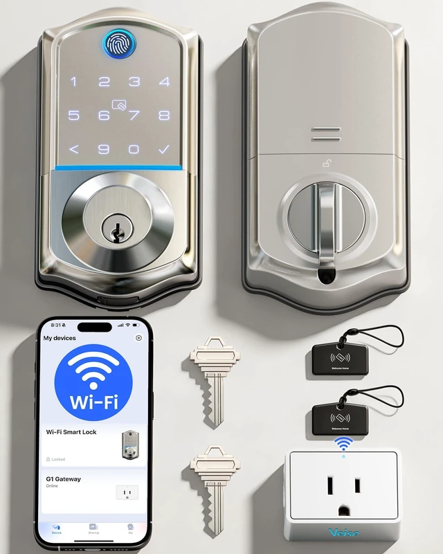 Main image of VE017G WiFi Smart Keyless Entry Lock for Front Door, Satin Nickel | Remote APP Control, Fingerprint, Voice & Fob Unlock, Touchscreen Back-Lit Keypad Deadbolt, Emergency Power Port, Auto Lock