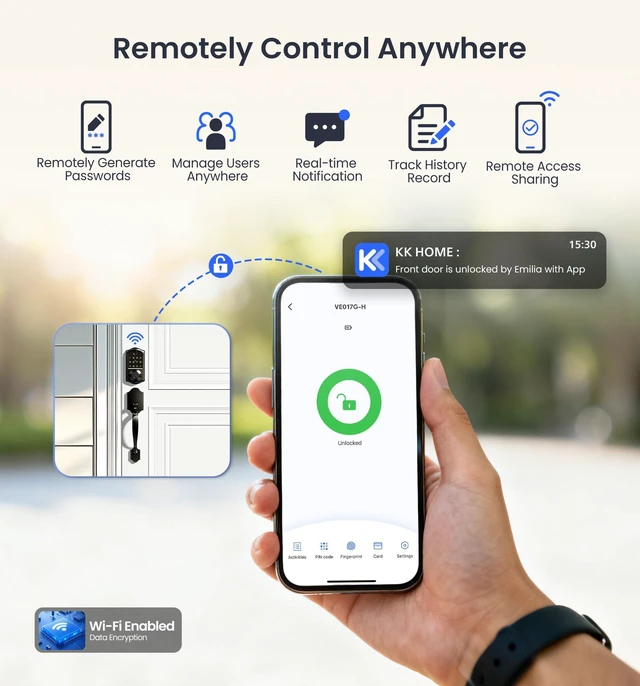 Alt view image 3 of 7 - VE017G WiFi Smart Keyless Entry Lock for Front Door, Satin Nickel | Remote APP Control, Fingerprint, Voice & Fob Unlock, Touchscreen Back-Lit Keypad Deadbolt, Emergency Power Port, Auto Lock