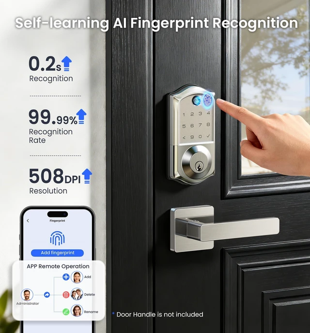 Alt view image 5 of 7 - VE017G WiFi Smart Keyless Entry Lock for Front Door, Satin Nickel | Remote APP Control, Fingerprint, Voice & Fob Unlock, Touchscreen Back-Lit Keypad Deadbolt, Emergency Power Port, Auto Lock