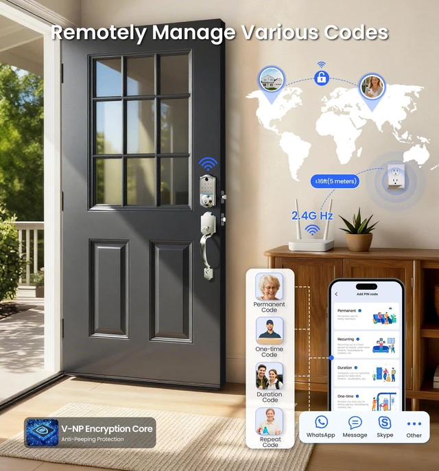 Alt view image 7 of 7 - VE017G WiFi Smart Keyless Entry Lock for Front Door, Satin Nickel | Remote APP Control, Fingerprint, Voice & Fob Unlock, Touchscreen Back-Lit Keypad Deadbolt, Emergency Power Port, Auto Lock