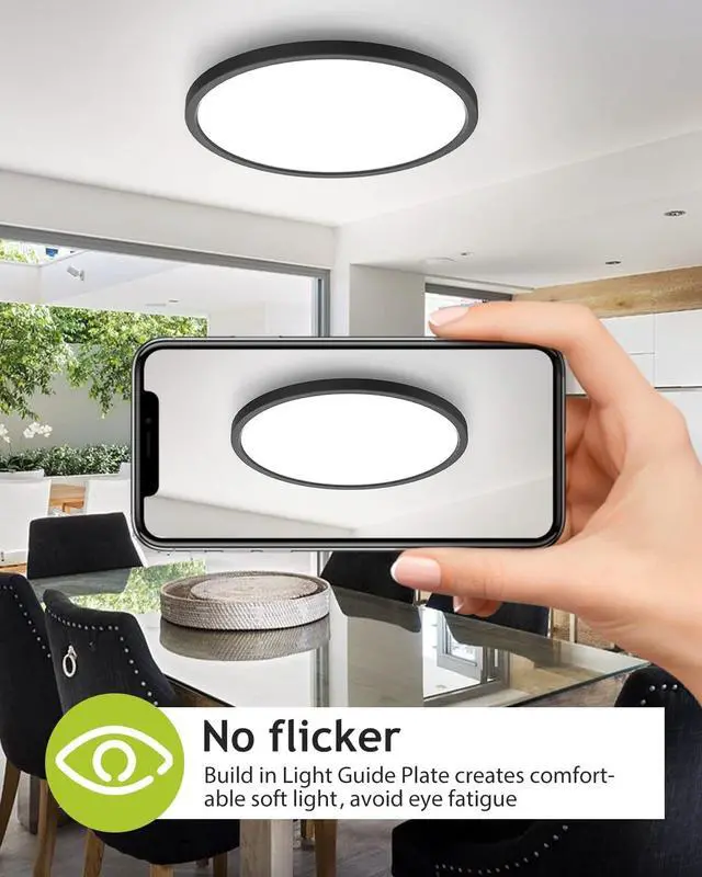 Alt view image 4 of 6 - 2PACK Flush Mount LED Ceiling Light Fixture Black, 12Inch 28Watt, Dimmable & 3000K-4500K-6000K Ceiling Lamp 3200LM Low Profile Ceiling Light for Kitchen Bedroom Hallway Porch