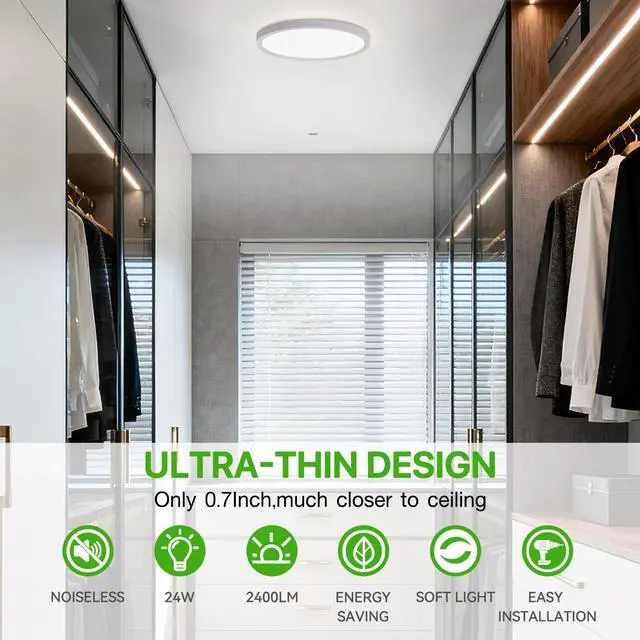 Alt view image 2 of 7 - 2Pack 12Inch LED Flush Mount Ceiling Light Fixture, 24W 2640LM, Dimmable CCT 3000K/4000K/5000K, Round Flat Panel Light for Bedroom, 0.7Inch Thin Modern Low Profile Hardwire Lights for Hallway, Porch