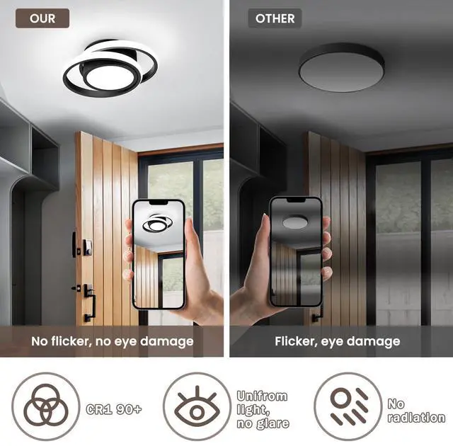 Alt view image 3 of 7 - Small Modern LED Ceiling Light,2 Rings Creative Design Ceiling Lamp Black Indoor Hallway Light Fixtures for Living Room Bedroom Kitchen Office (Cool White,6000K)