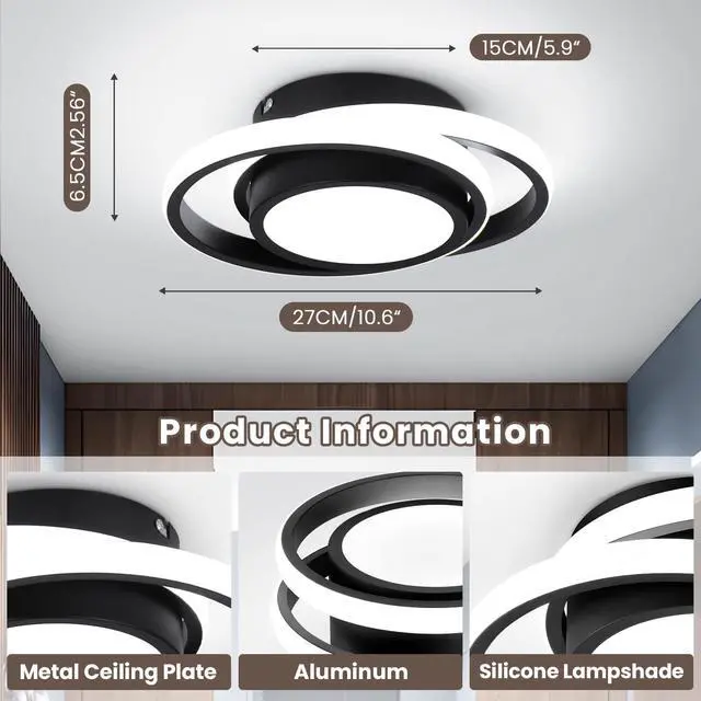 Alt view image 5 of 7 - Small Modern LED Ceiling Light,2 Rings Creative Design Ceiling Lamp Black Indoor Hallway Light Fixtures for Living Room Bedroom Kitchen Office (Cool White,6000K)
