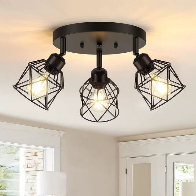 Main image of 3-Light Kitchen Flush Mount Ceiling Light, Adjustable Multi-Directional Ceiling Light Fixture, Farmhouse Black Metal Cage Close to Ceiling Lamp for Dining Room Bedroom Hallway