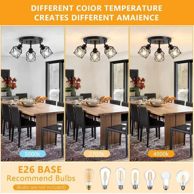 Alt view image 2 of 7 - 3-Light Kitchen Flush Mount Ceiling Light, Adjustable Multi-Directional Ceiling Light Fixture, Farmhouse Black Metal Cage Close to Ceiling Lamp for Dining Room Bedroom Hallway