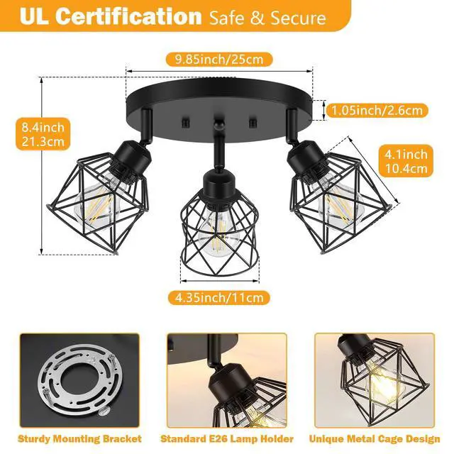 Alt view image 3 of 7 - 3-Light Kitchen Flush Mount Ceiling Light, Adjustable Multi-Directional Ceiling Light Fixture, Farmhouse Black Metal Cage Close to Ceiling Lamp for Dining Room Bedroom Hallway