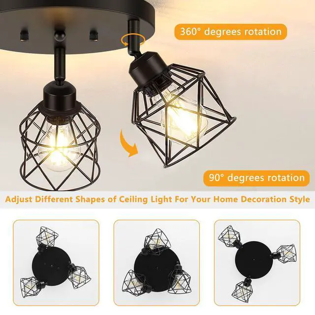 Alt view image 4 of 7 - 3-Light Kitchen Flush Mount Ceiling Light, Adjustable Multi-Directional Ceiling Light Fixture, Farmhouse Black Metal Cage Close to Ceiling Lamp for Dining Room Bedroom Hallway
