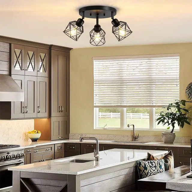 Alt view image 5 of 7 - 3-Light Kitchen Flush Mount Ceiling Light, Adjustable Multi-Directional Ceiling Light Fixture, Farmhouse Black Metal Cage Close to Ceiling Lamp for Dining Room Bedroom Hallway