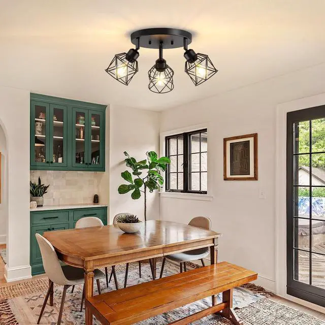 Alt view image 6 of 7 - 3-Light Kitchen Flush Mount Ceiling Light, Adjustable Multi-Directional Ceiling Light Fixture, Farmhouse Black Metal Cage Close to Ceiling Lamp for Dining Room Bedroom Hallway